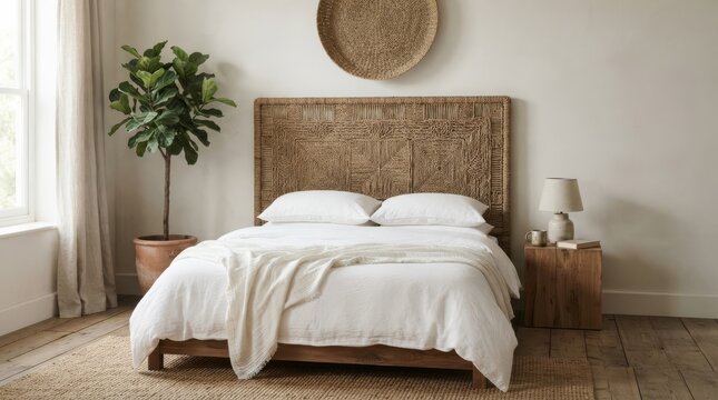 Woven headboard in craft-led bedroom