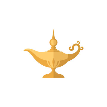Golden magic lamp of aladdin with a traditional fairy tale design isolated on transparent background, Vector