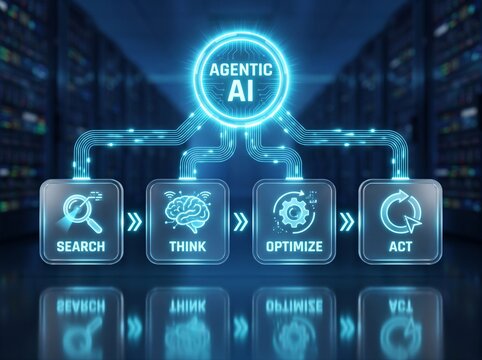 Agentic artificial intelligence workflow displaying search think optimize and act steps in server room for enterprise autonomous software presentation background