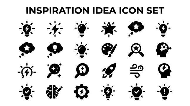 Flat design inspiration icon set featuring creative symbols for brainstorming and idea generation