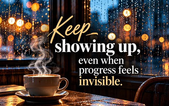 Cozy coffee shop window scene with rain and inspirational quote about persistence, effort, and continuing despite invisible progress.