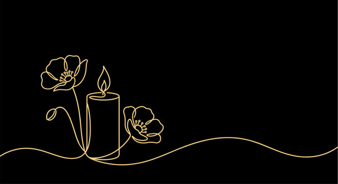 Continuous line art memorial candle with poppy flowers, gold remembrance day banner on black background, elegant candle light outline for sympathy card and funeral condolence 