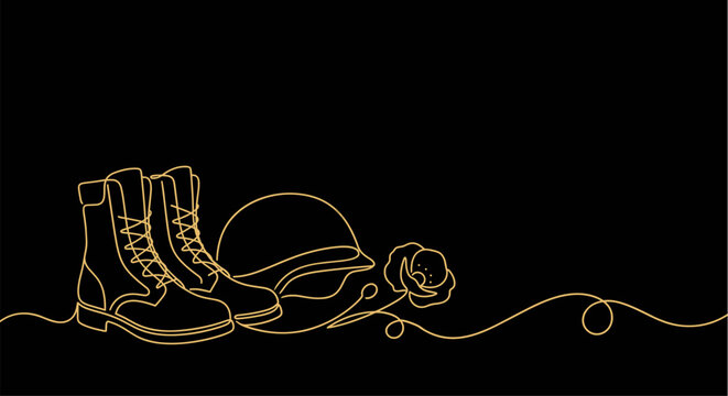 Continuous line art military boots, helmet and poppy flower, gold Veterans Day banner on dark background, elegant military tribute outline for Memorial Day and Armed Forces event