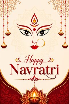 Happy navratri greetings with maa durga and glowing diya lamp for hindu festival