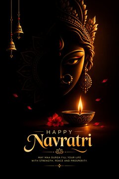 Happy navratri greetings with maa durga and glowing diya lamp for hindu festival