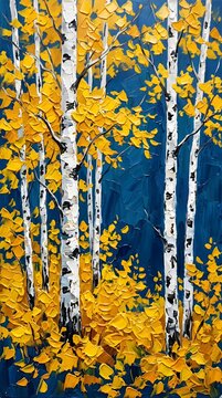 Bright Yellow Autumn Birch Forest Canopy with Thick Textured Impasto