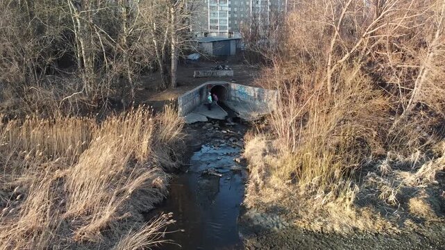 Dry grass surrounds a narrow stream flowing under a concrete bridge. Sunlight glints off still water and barren tree branches. Distant apartment buildings frame the rural scene