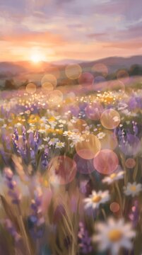 Dreamy Sunset Field with Soft Focus Bokeh and White Wildflowers