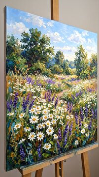 Textured Impasto Summer Wildflower Meadow Painting Displayed on an Artist Easel