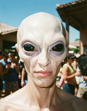 Bug-eyed white skin alien face portrait market background