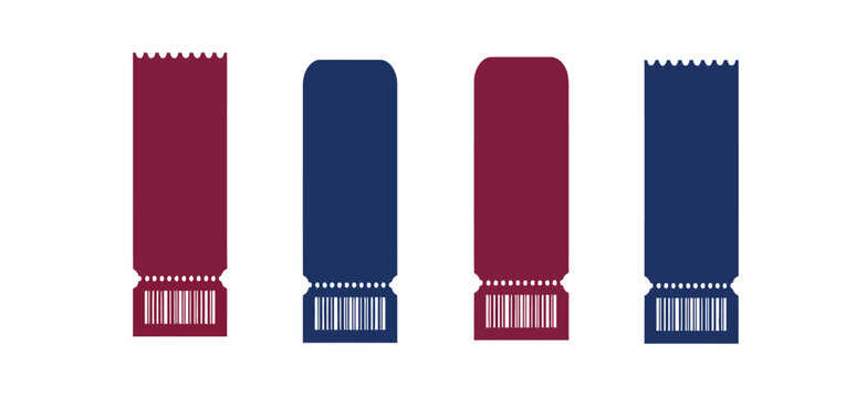 Set of four modern cinema and event tickets with bar codes in maroon and blue colors for print and digital design projects.