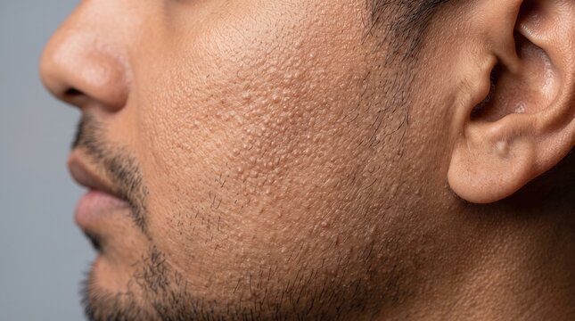 Side profile of male face showing textured skin and acne scarring