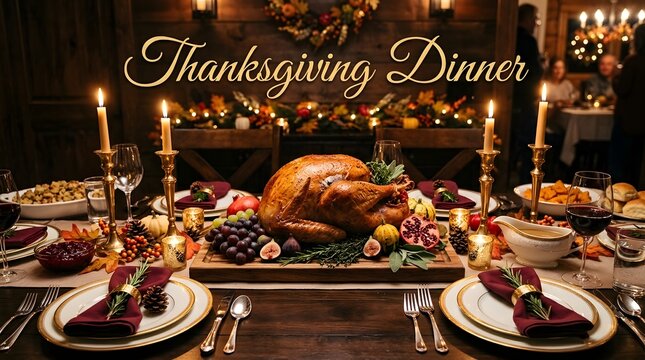 A beautifully set thanksgiving table with a roasted turkey as the focal point of celebration