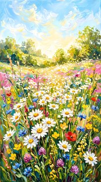 Lush Summer Meadow Filled with White Daisies and Vibrant Wildflowers