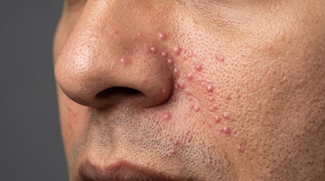 Close-up of male face showing rosacea papules and inflamed red bumps on nose and cheek