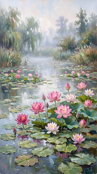 Misty River or Pond Scene with Pink Water Lilies and Tranquil Water Reflections