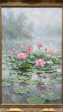 Framed Scenic Misty Pond Landscape with Blooming Pink Water Lilies