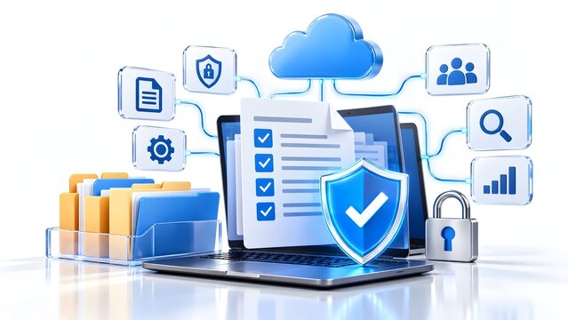 Digital data security and management concept with cloud laptop files folders and security icons representing cybersecurity and information protection.