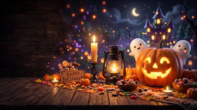 Halloween trick or treat background with pumpkin with copy space