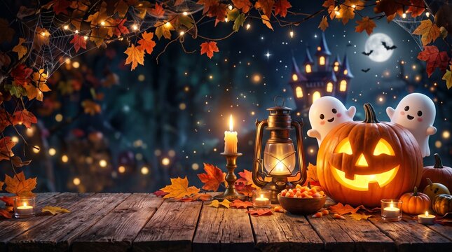 Halloween trick or treat background with pumpkin with copy space