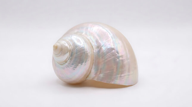 Pearlescent white nautilus shell on white background.