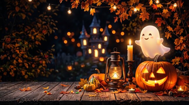 Halloween trick or treat background with pumpkin with copy space