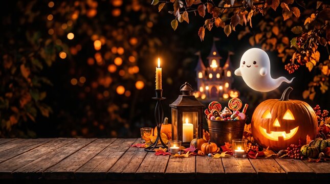 Halloween trick or treat background with pumpkin with copy space