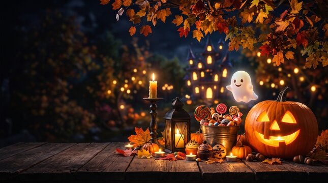 Halloween trick or treat background with pumpkin with copy space