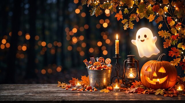 halloween candies and sweets on dark wooden background