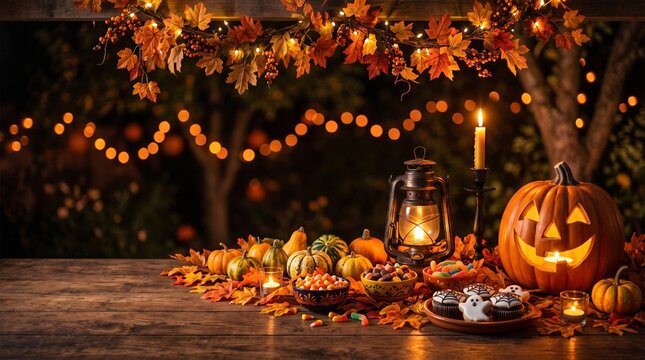 Halloween trick or treat background with pumpkin with copy space