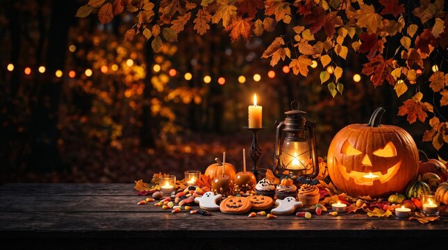 halloween candies and sweets on dark wooden background