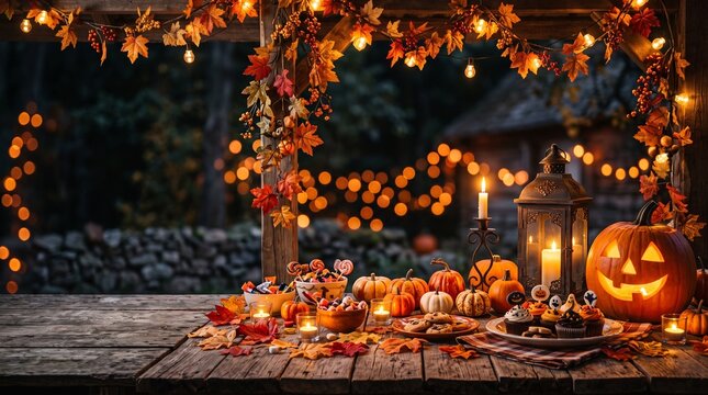 halloween candies and sweets on dark wooden background
