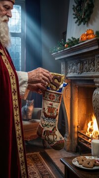 Saint Nicholas Day: festive feast, holiday celebration, traditional bishop, fill stocking, sweet chocolate, warm fireplace, cozy hearth, midnight surprise.