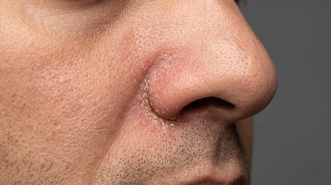 Extremely dry and flaky skin condition visible in the nasolabial crease of a human face