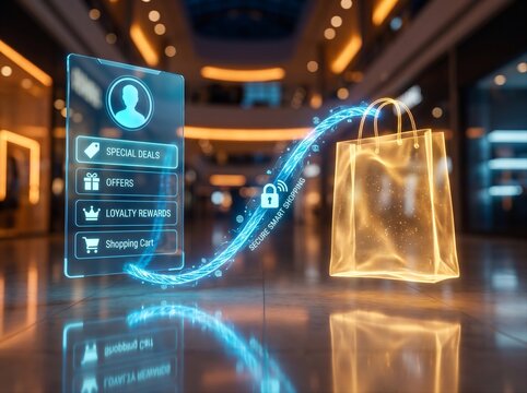 Secure smart shopping concept with digital user interface connecting to glowing shopping bag in mall for retail loyalty program and ecommerce marketing background