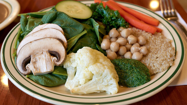 Healthy vegan buddha bowl with chickpeas roasted cauliflower mushrooms spinach quinoa