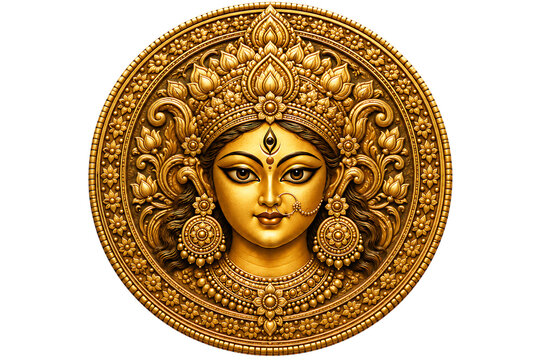 Detailed golden goddess durga portrait with third eye crown jewelry and frame durga puja and isolated on a transparent background