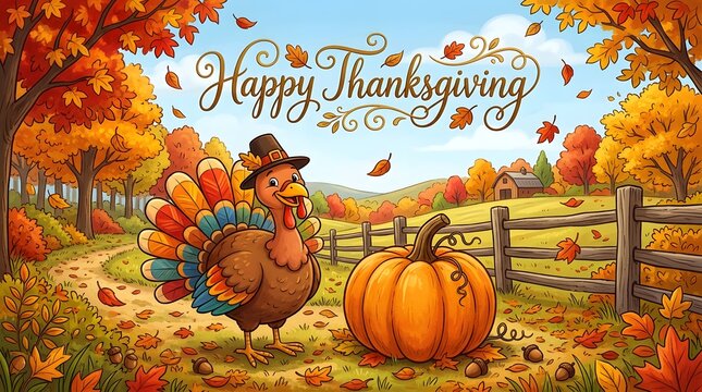 A vibrant thanksgiving scene celebrating gratitude with autumn colors pumpkins and a festive turkey