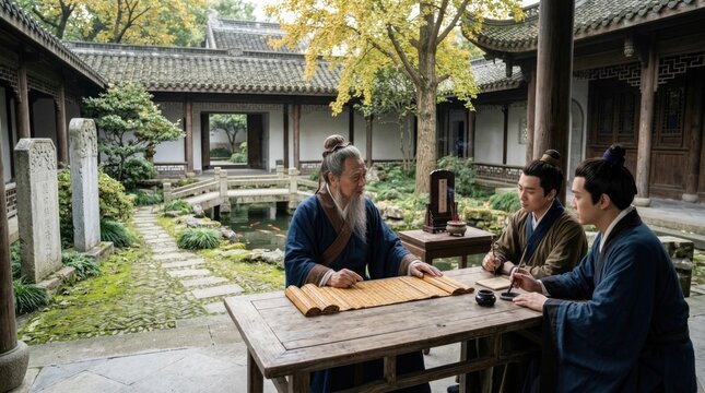Ancient master lecture: Confucius teaching, Chinese philosopher, Confucian wisdom, ethic moral, courtyard garden, bamboo scroll, scholar disciple, filial piety, traditional robe.