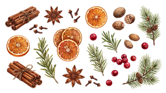 Watercolor collection of winter holiday elements featuring fragrant cinnamon sticks, dried citrus slices, aromatic star anise, whole nutmegs, pine branches, and red berries on transparent background