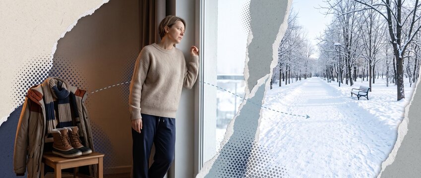 Person hesitating by a window while winter clothes remain unused, winter slump concept showing low motivation, reluctance to go outside and reduced activity during cold season