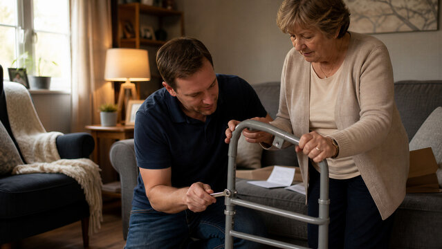 Man adjusting metal walker as older woman tests the handles at home