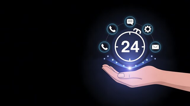 Twenty four hour customer service concept with digital clock and hand