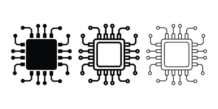 Electronic circuit board chip icon silhouette vector outline and line art