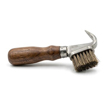 Wooden handled metal brush tool for horse hoof cleaning and grooming