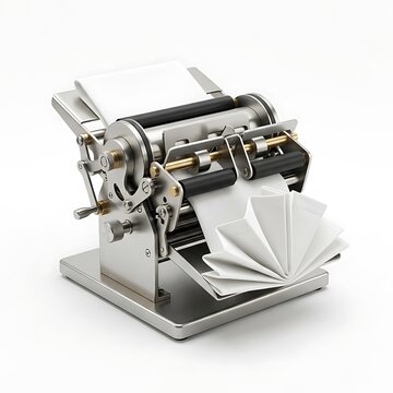 Vintage metal letterpress machine producing white paper sheets for