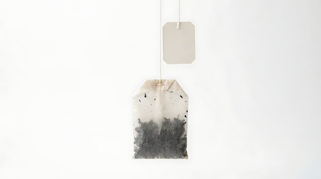 Single tea bag with blank label on white background
