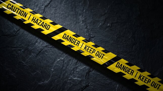 Yellow and black warning tape with hazard danger and keep out text stretched over dark rocky surface for construction site security and safety marking.