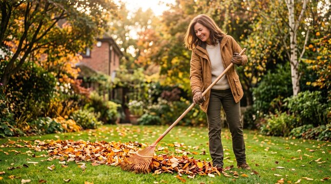 Woman in casual jacket and sweater raking fallen autumn leaves on a green lawn in a backyard garden, smiling near trees and shrubs with a house in the distance
