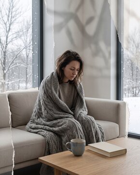 Woman wrapped in a blanket sitting quietly by a snowy window, winter slump concept with low seasonal mood, fatigue, withdrawal and reduced energy at home